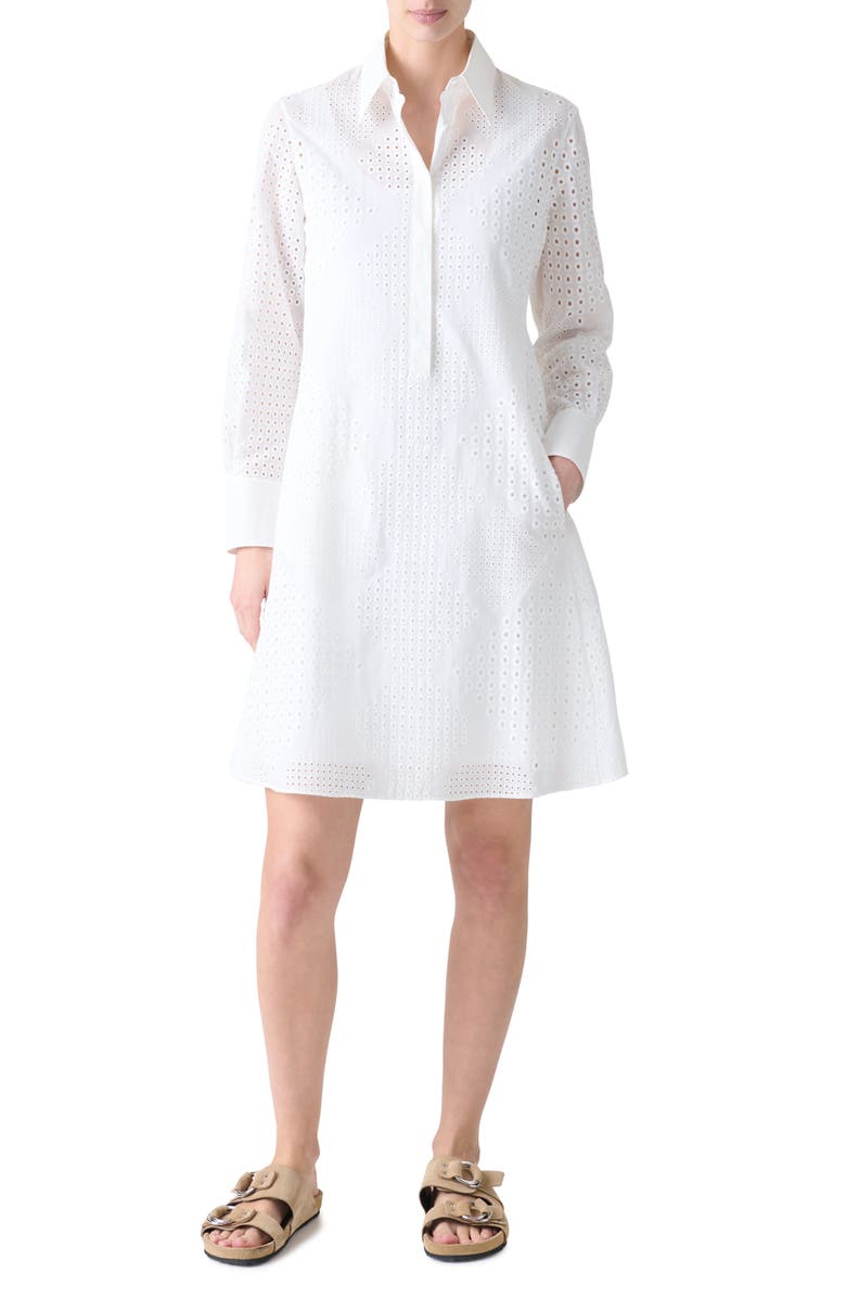Akris punto Diamond Eyelet Long Sleeve Cotton Poplin Shirtdress, Main, color, Cream