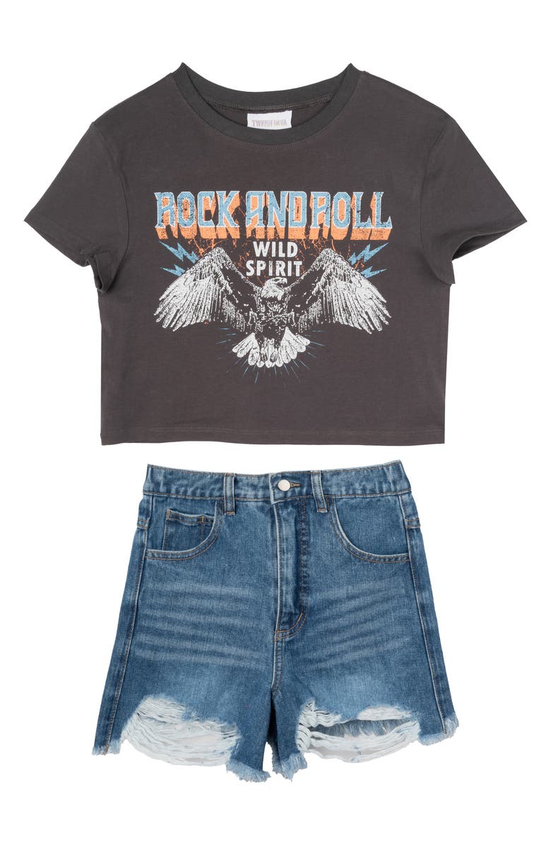 Tween Diva Kids' Graphic T-Shirt & Distressed Denim Shorts Set, Main, color,