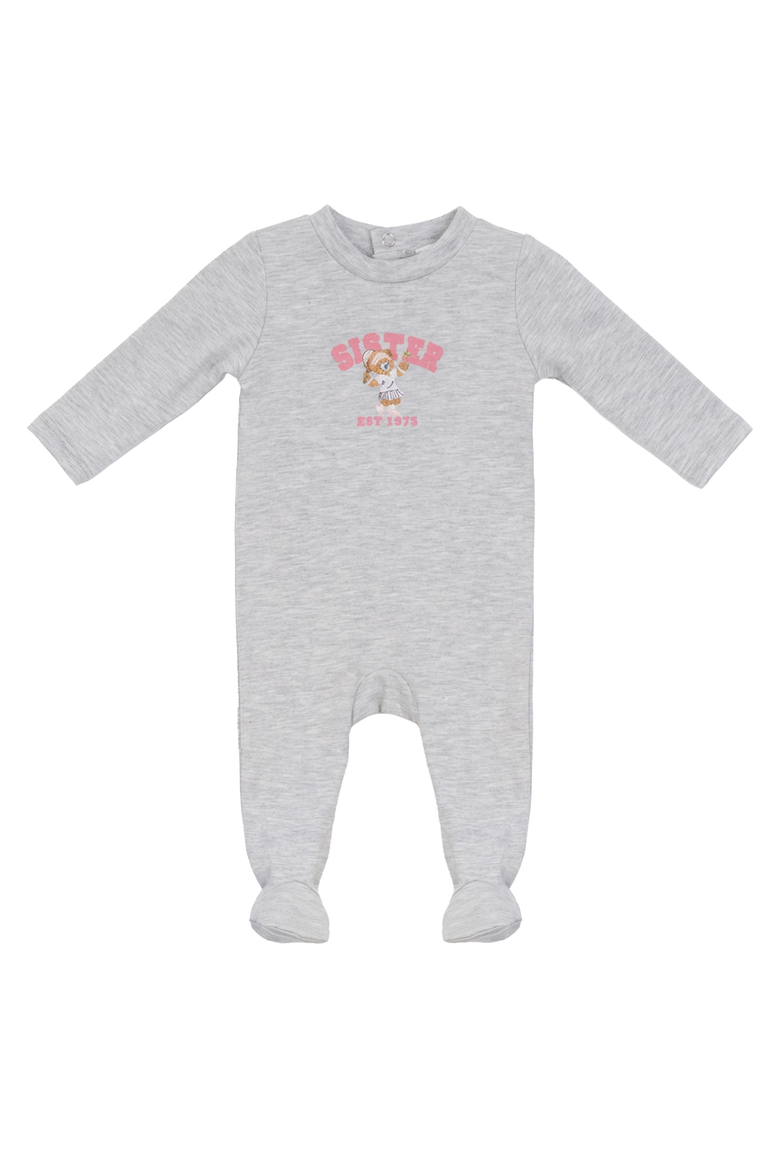 Cotton Spandex Sis Embroidered Bear Snap Back Footed Romper, Main, color, Light Grey Mix/Pink