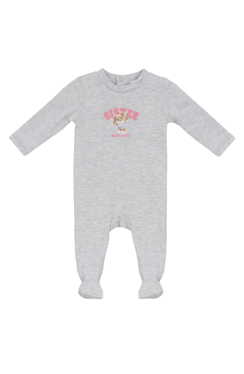 Whipped Cocoa Cotton Spandex Sis Embroidered Bear Snap Back Footed Romper, Main, color, Light Grey Mix/Pink