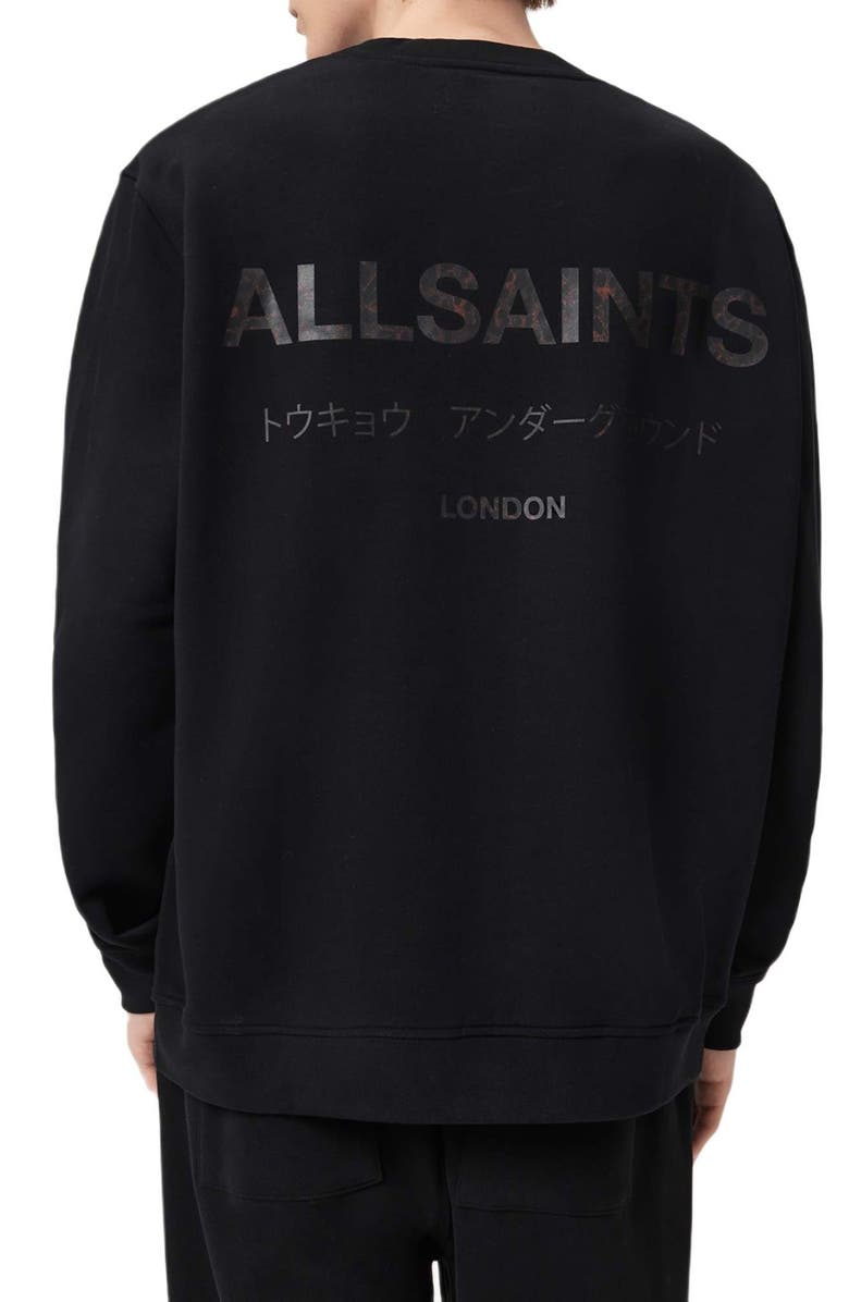 AllSaints Underground Logo Organic Cotton Graphic Sweatshirt, Alternate, color, Jet Black/ Dark Leopard
