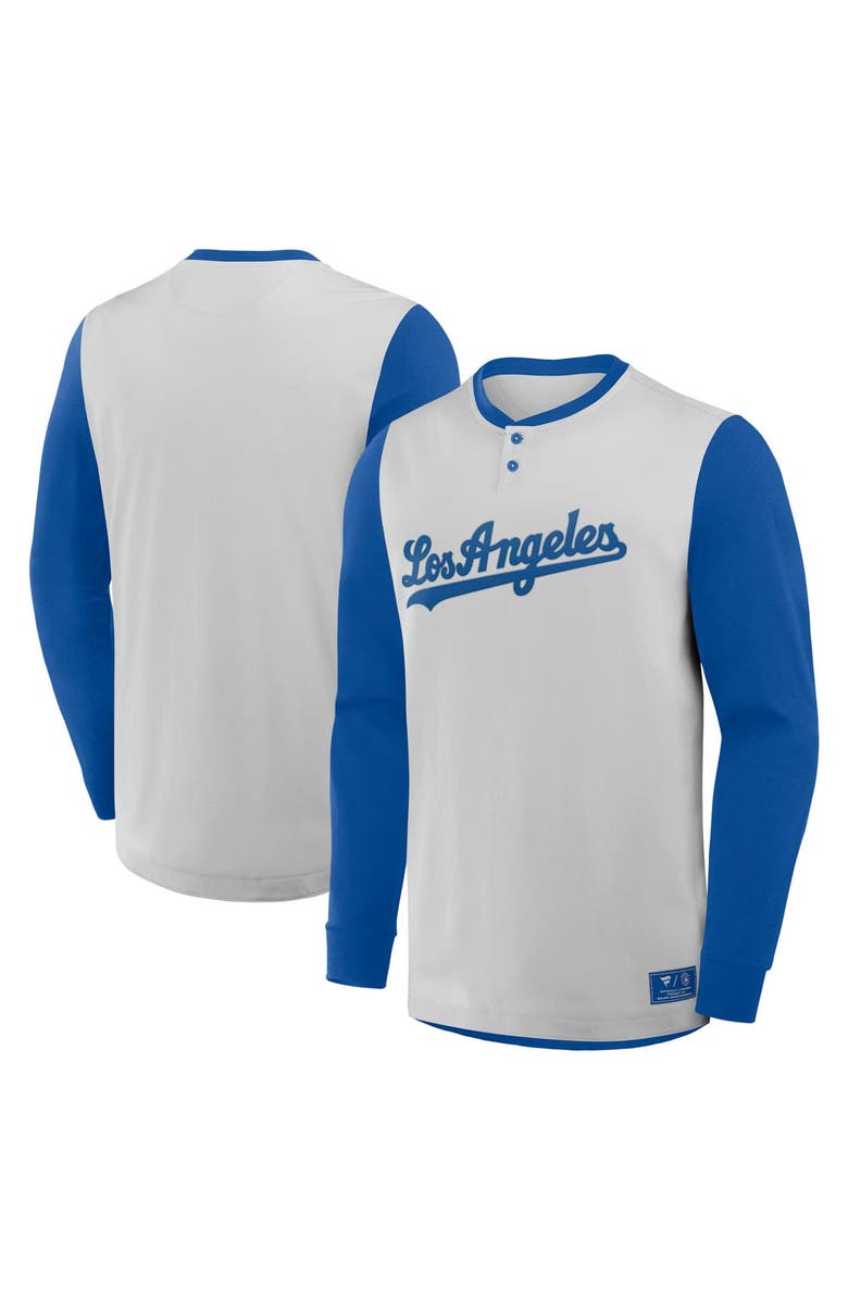 FANATICS Men's Fanatics Gray/Royal Los Angeles Dodgers Clubhouse Long Sleeve Henley Shirt, Main, color, Gray