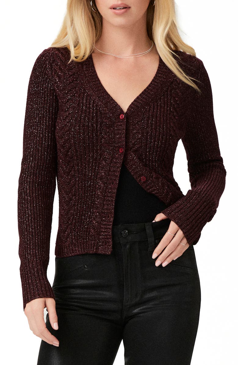 PAIGE Nanari Metallic Cable Knit V-Neck Cardigan, Main, color, Burgundy Sparkle