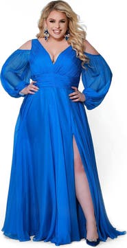 Johnathan Kayne for Sydney's Closet Cold Shoulder Chiffon Plus Size A-Line Evening Gown