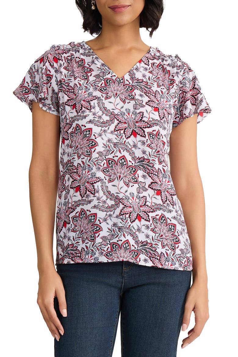 Floral Flutter Sleeve Top, Main, color, NATURAL WHITE MULTI