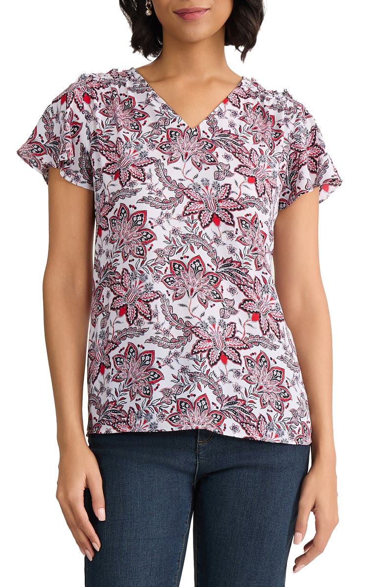 Jones New York Floral Flutter Sleeve Top, Main, color, Natural White Multi