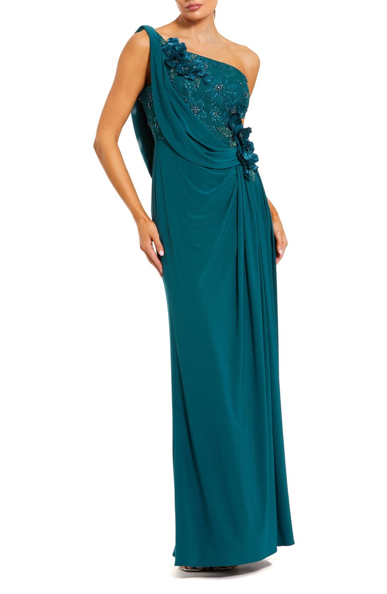 Mac Duggal Jersey One Shoulder Cowl Gown With 3D Flowers, Main, color, Ocean