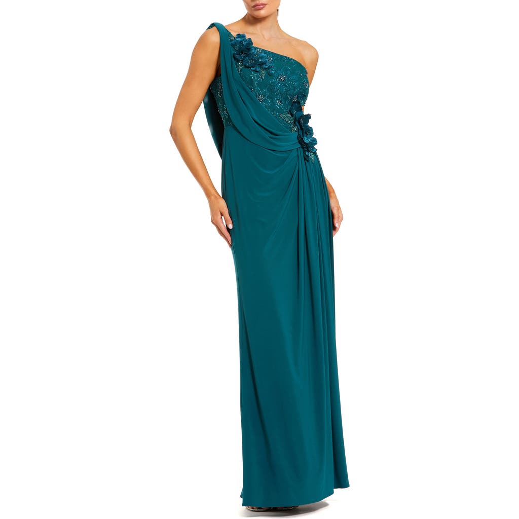 Mac Duggal Jersey One Shoulder Cowl Gown With 3d Flowers In Blue