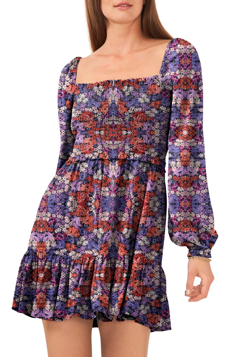 1.STATE Smocked Square Neck Long Sleeve Dress, Alternate, color, Black/ Multi