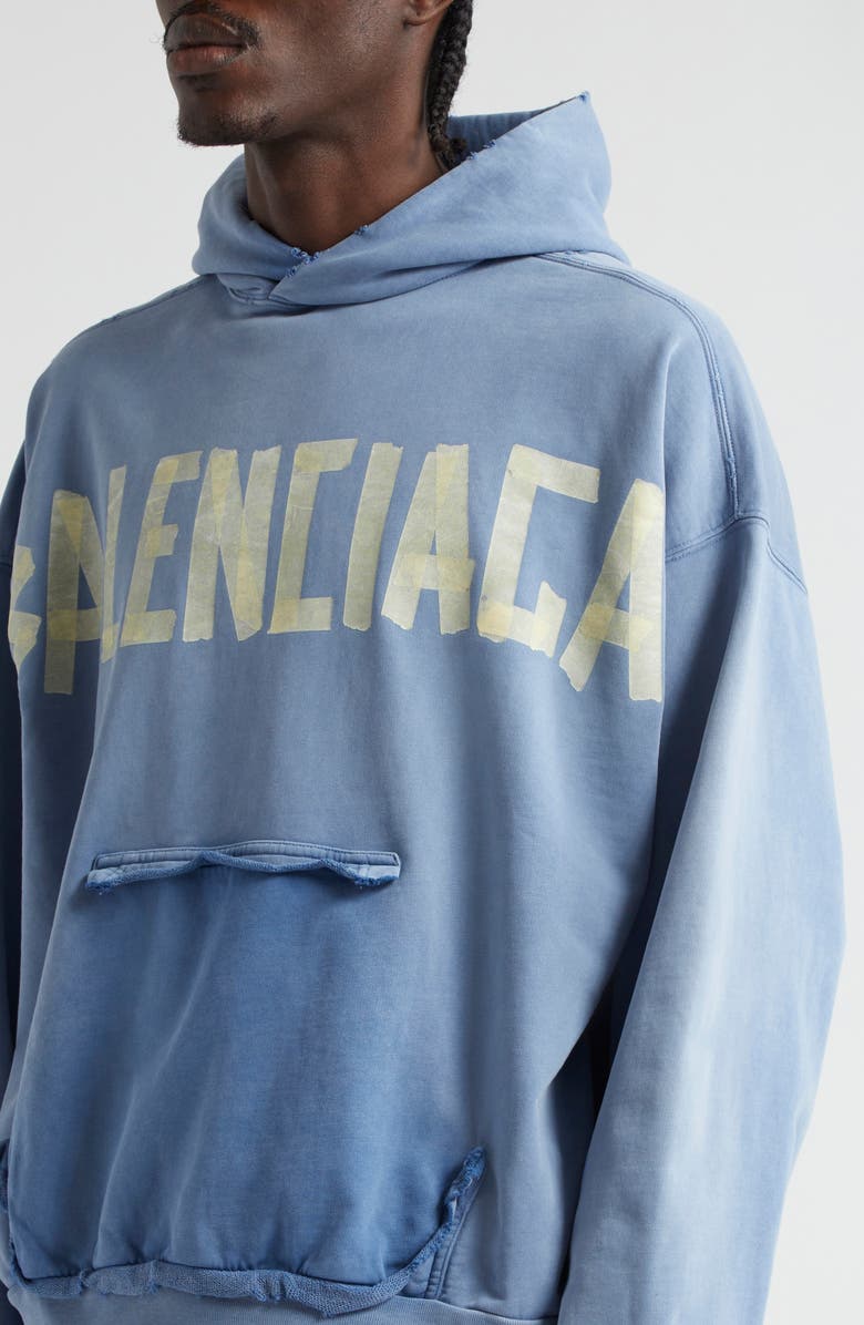 Balenciaga Tape Logo Distressed Cotton Hoodie, Alternate, color,