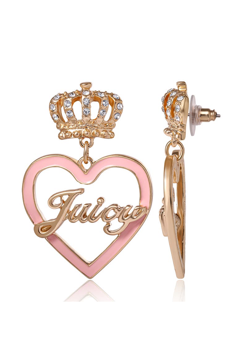 "Juicy" Gold-Tone Crown & Pink Heart Drop Earrings, Alternate, color, pink, gold