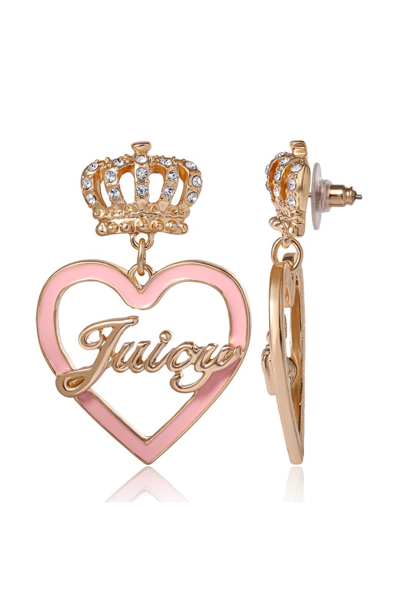 Juicy Couture "Juicy" Gold-Tone Crown & Pink Heart Drop Earrings, Alternate, color, Pink, Gold