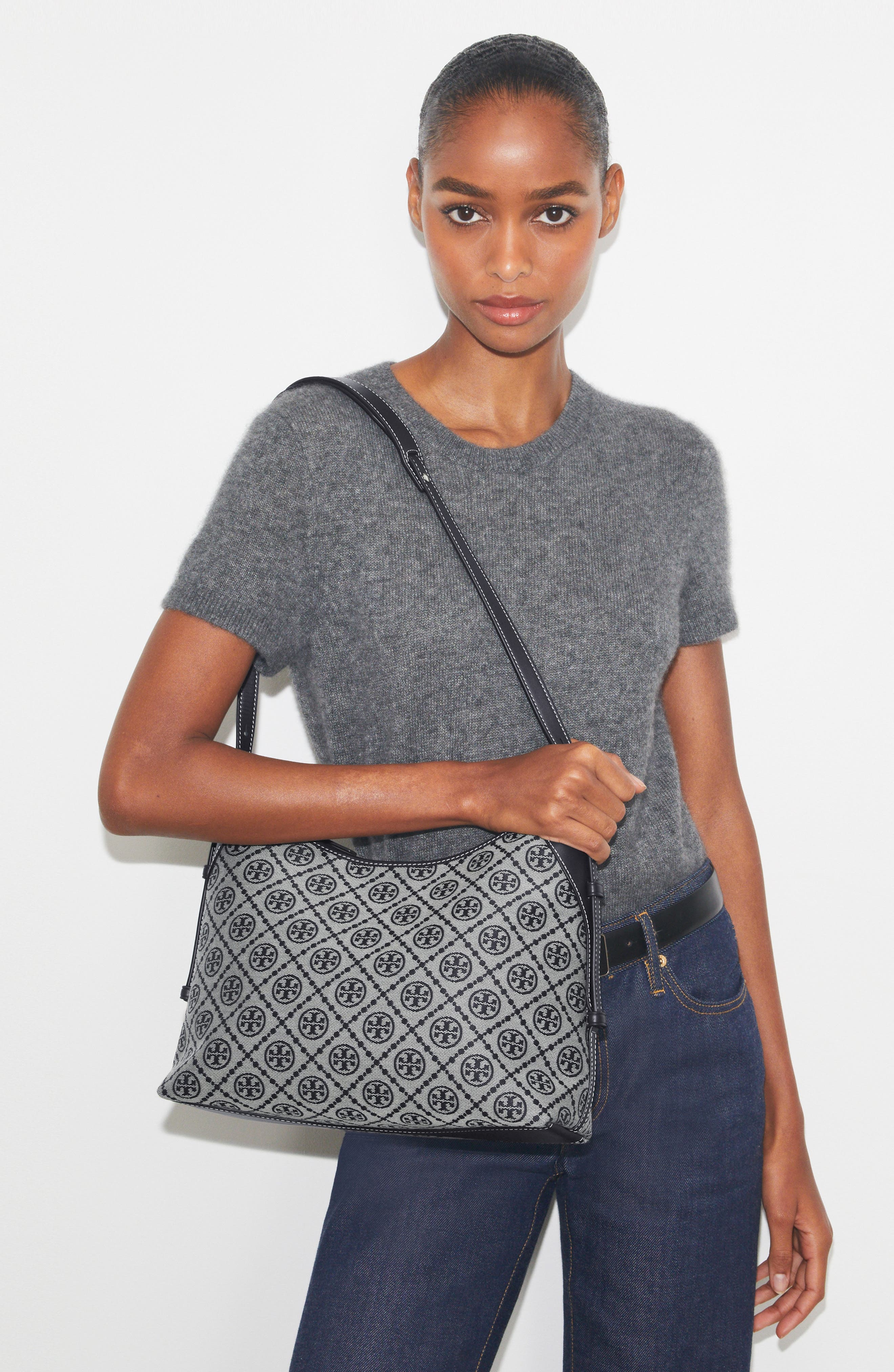 Tory Burch T Monogram Logo Jacquard Messenger Bag, Alternate, color, Tory Navy