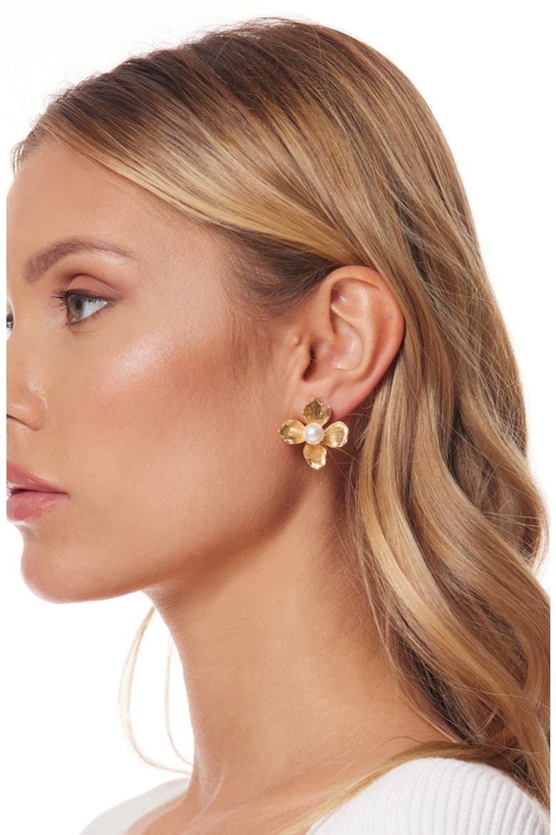Faux Pearl Flower Drop Earrings, Alternate, color, GOLD