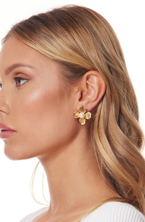 Kenneth Jay Lane Faux Pearl Flower Drop Earrings In Gold