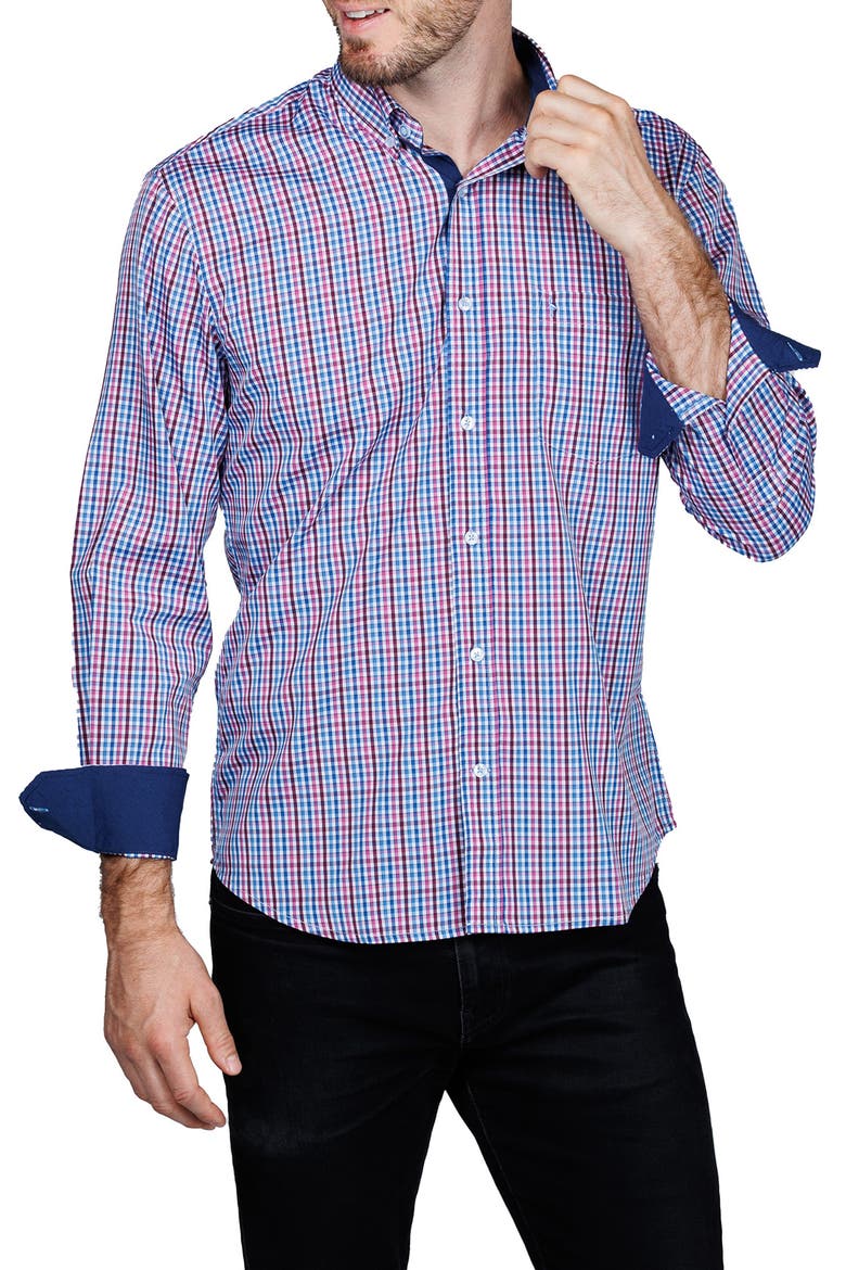 Check Print Performance Button Down Shirt, Alternate, color, BLUE MULTI