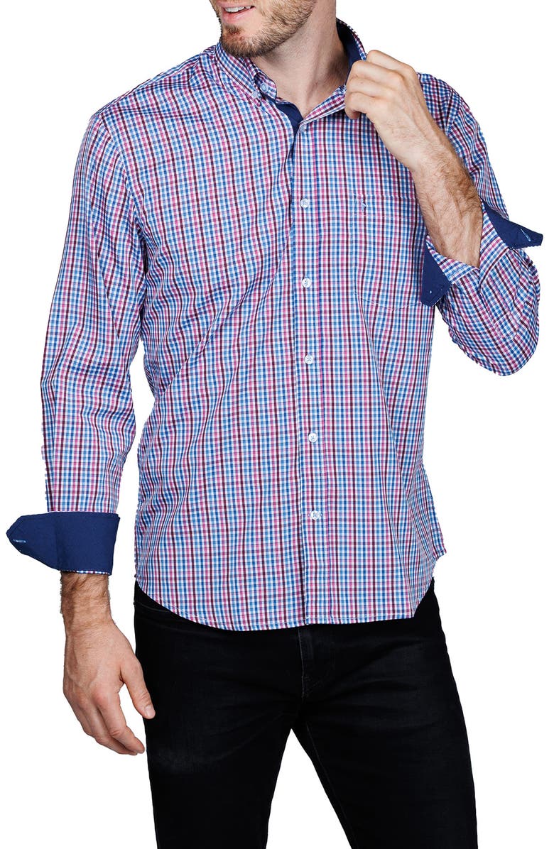 TailorByrd Check Print Performance Button Down Shirt, Alternate, color, Blue Multi
