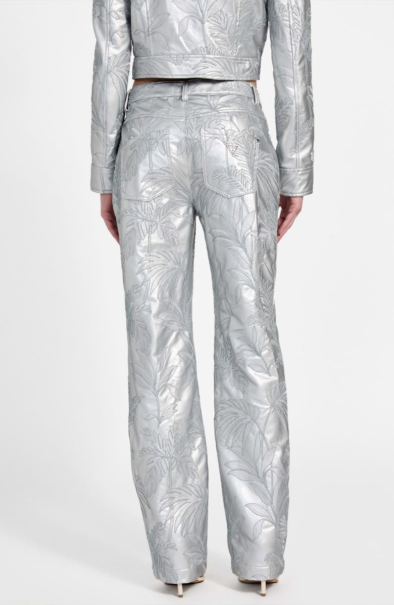 GUESS Clelia Embroidered Metallic Faux Leather Straight Leg Pants, Alternate, color, Silver