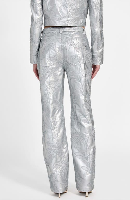 Guess Clelia Embroidered Metallic Faux Leather Straight Leg Pants In Silver