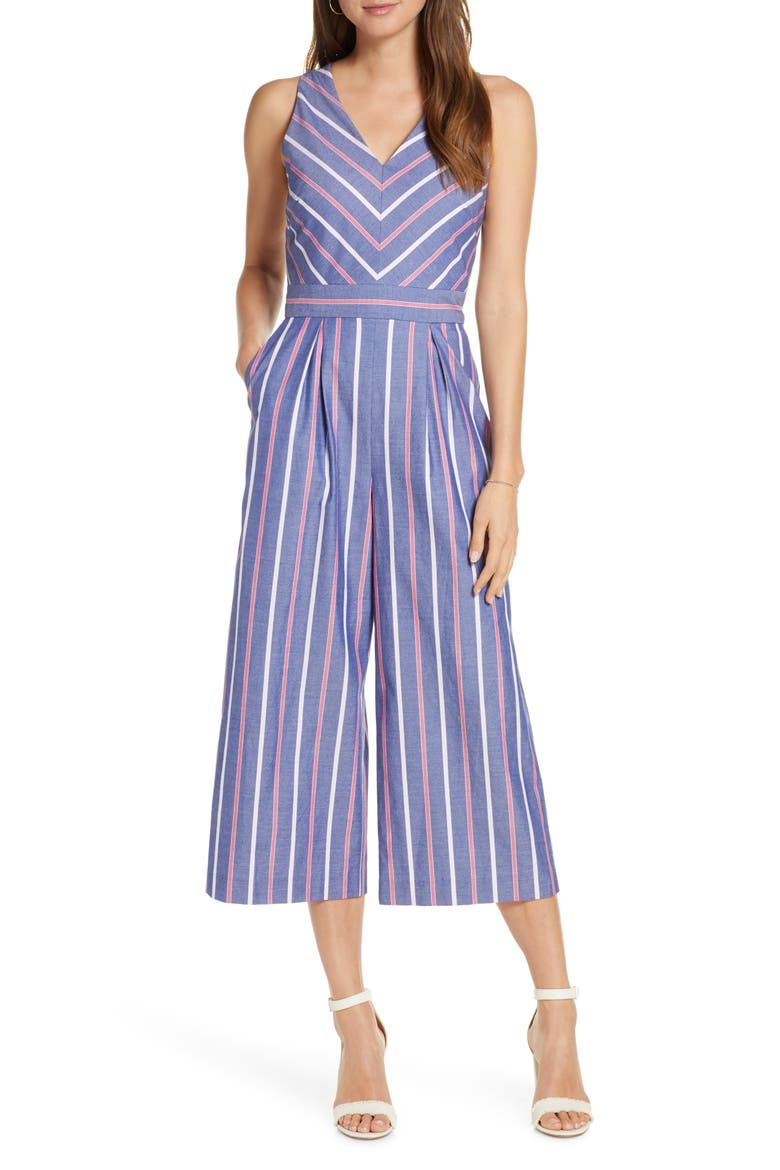 Chevron Stripe Sleeveless Jumpsuit, Main, color, DENIM STRIPE