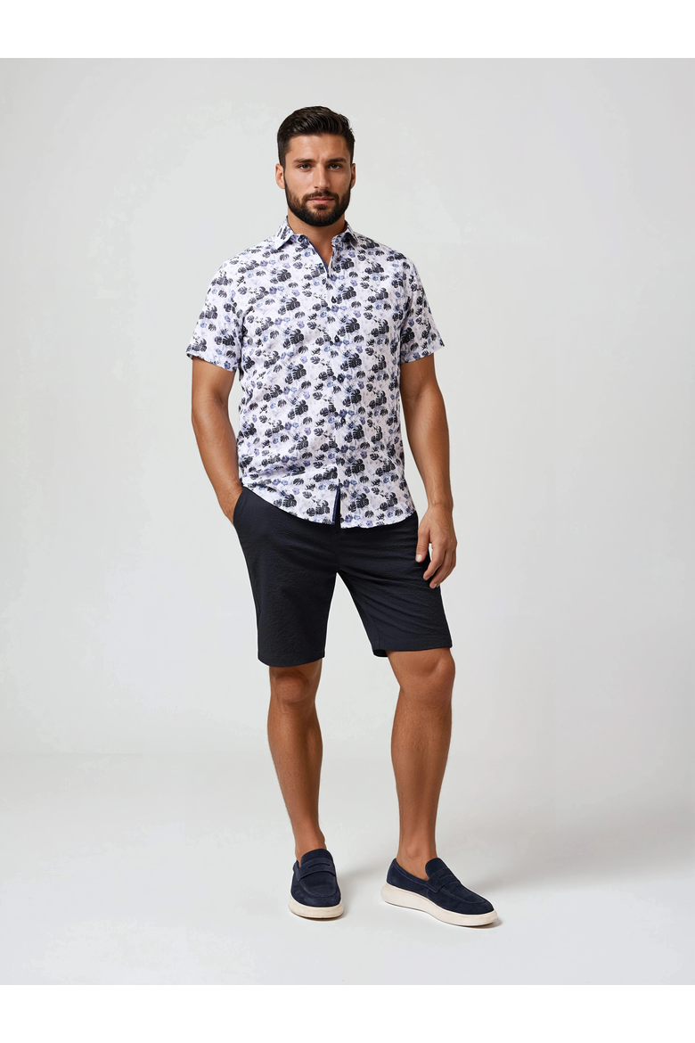 Linen Floral Palm Print SS Button-Up Shirt, Main, color, Navy