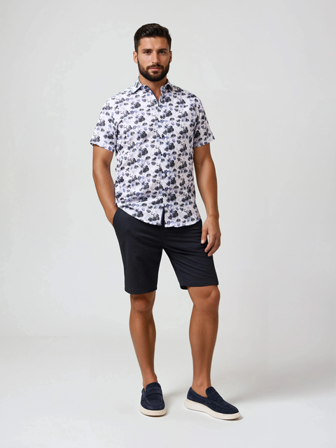 Linen Floral Palm Print SS Button-Up Shirt
