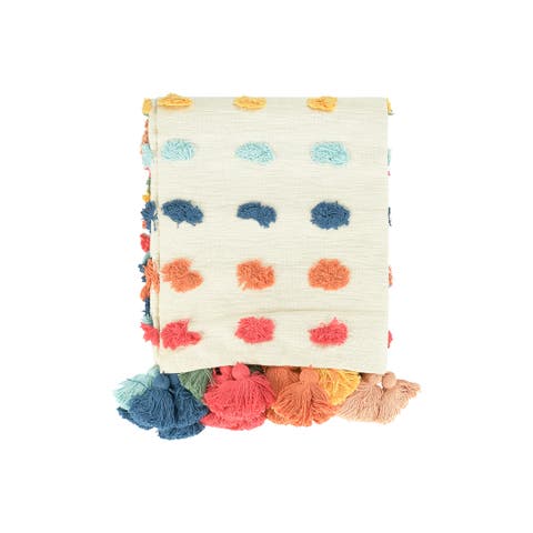 Soft Woven Cotton Throw with Tufted Dots and Tassels, Multicolor