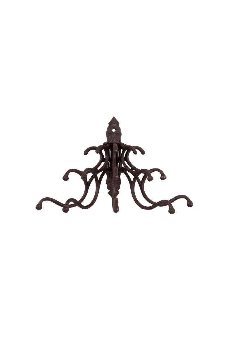 Antique Decorative Cast Iron Multi Hook Wall Hanger with 15 Hooks, Distressed Rust Brown, Main, color, Brown