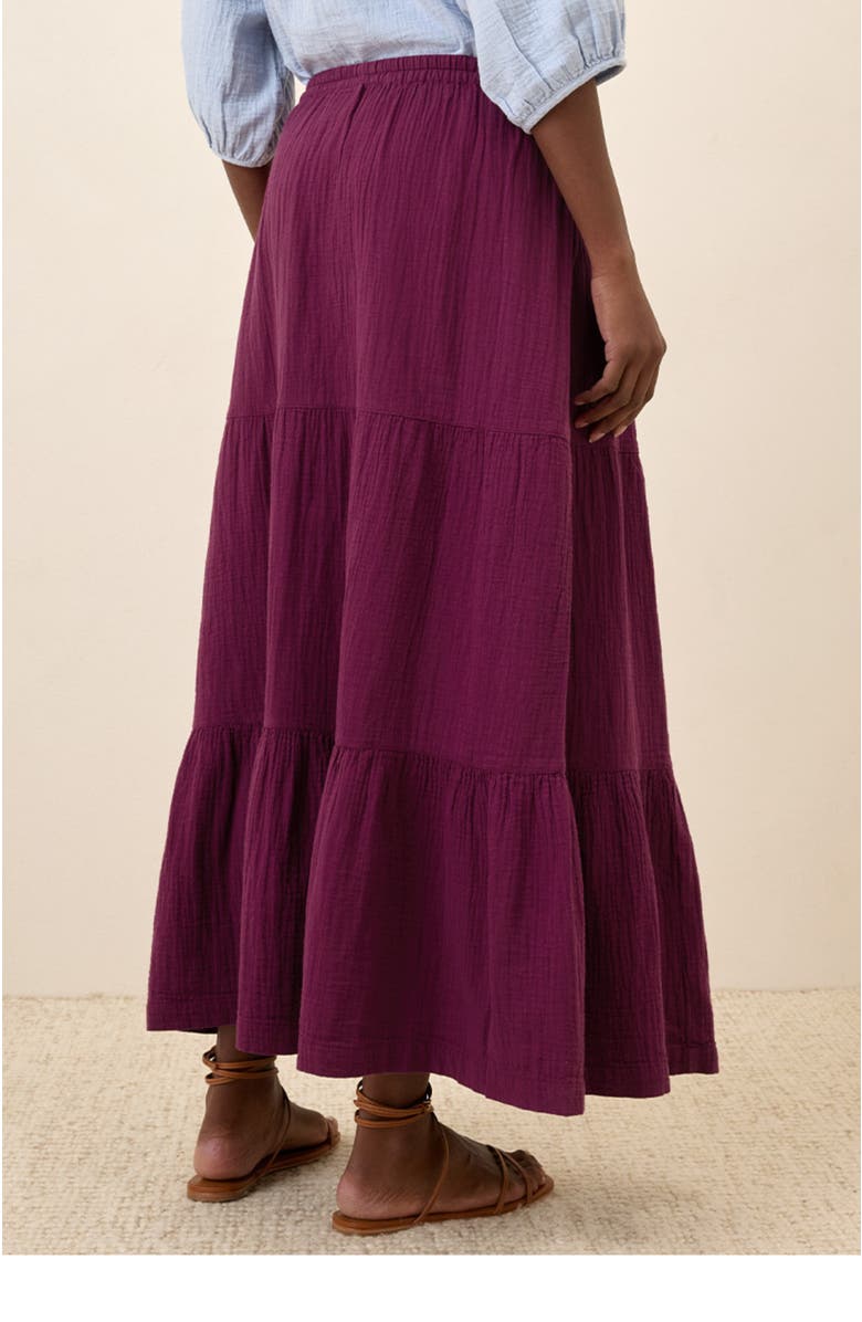 Pact Organic Cotton Coastal Double Gauze Tiered Maxi Skirt, Alternate, color, Sangria