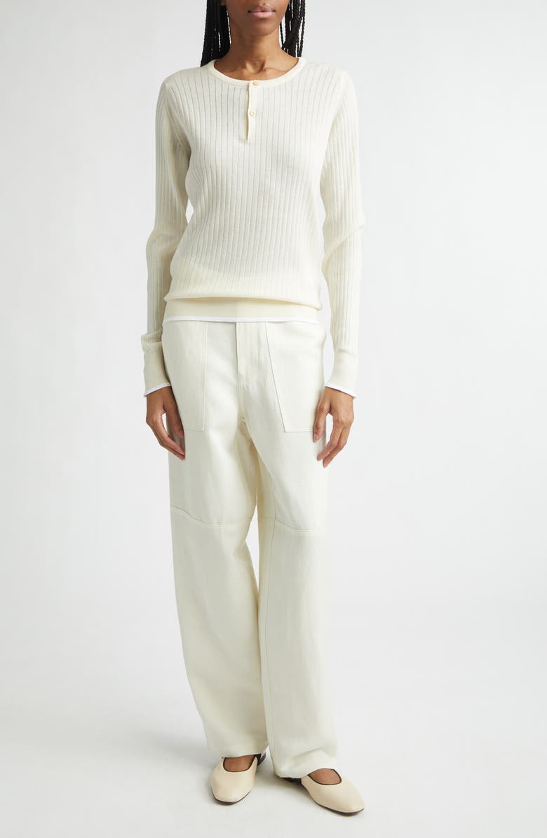 Wales Bonner Nile Merino Wool & Cotton Rib Henley Sweater, Alternate, color, Ivory