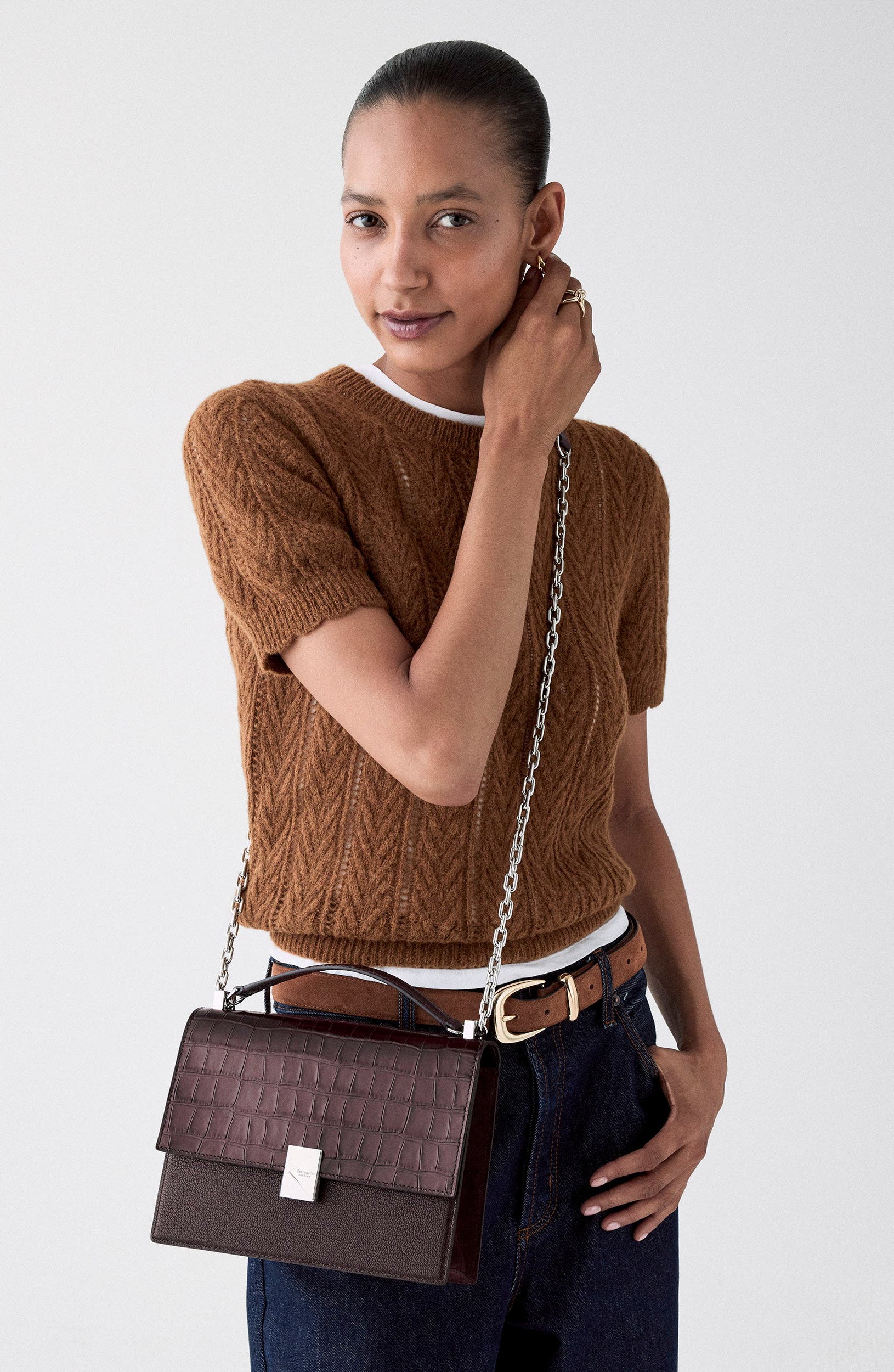 Deco Croc Embossed Leather Shoulder Bag, Alternate, color, BLACKBERRY JAM