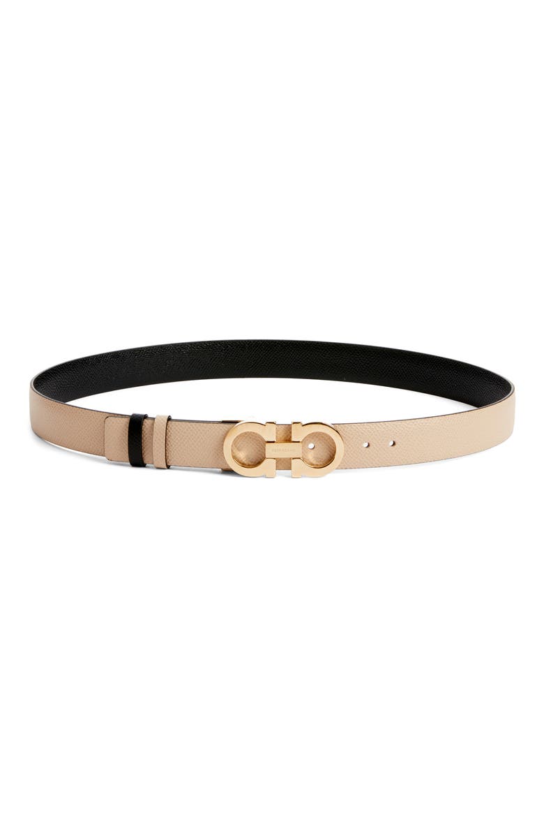 Reversible Gancini Calfskin Leather Belt, Main, color, MACADAMIA/ NERO