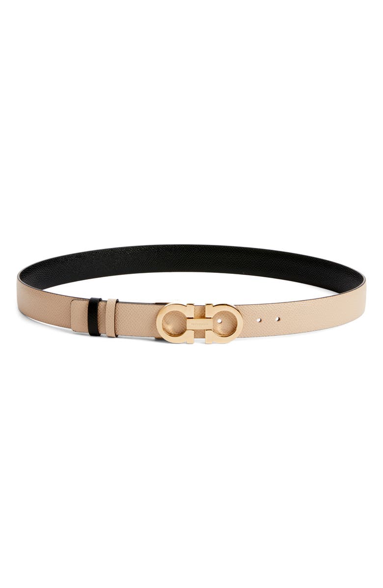FERRAGAMO Reversible Gancini Calfskin Leather Belt, Main, color, Macadamia/ Nero