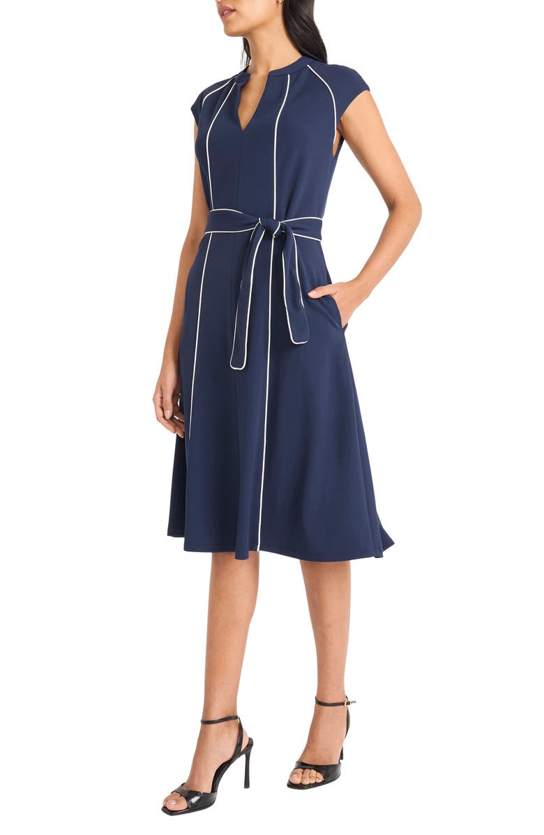 Maggy London Contrast Piped Belted Midi Dress, Alternate, color, Navy Blazer