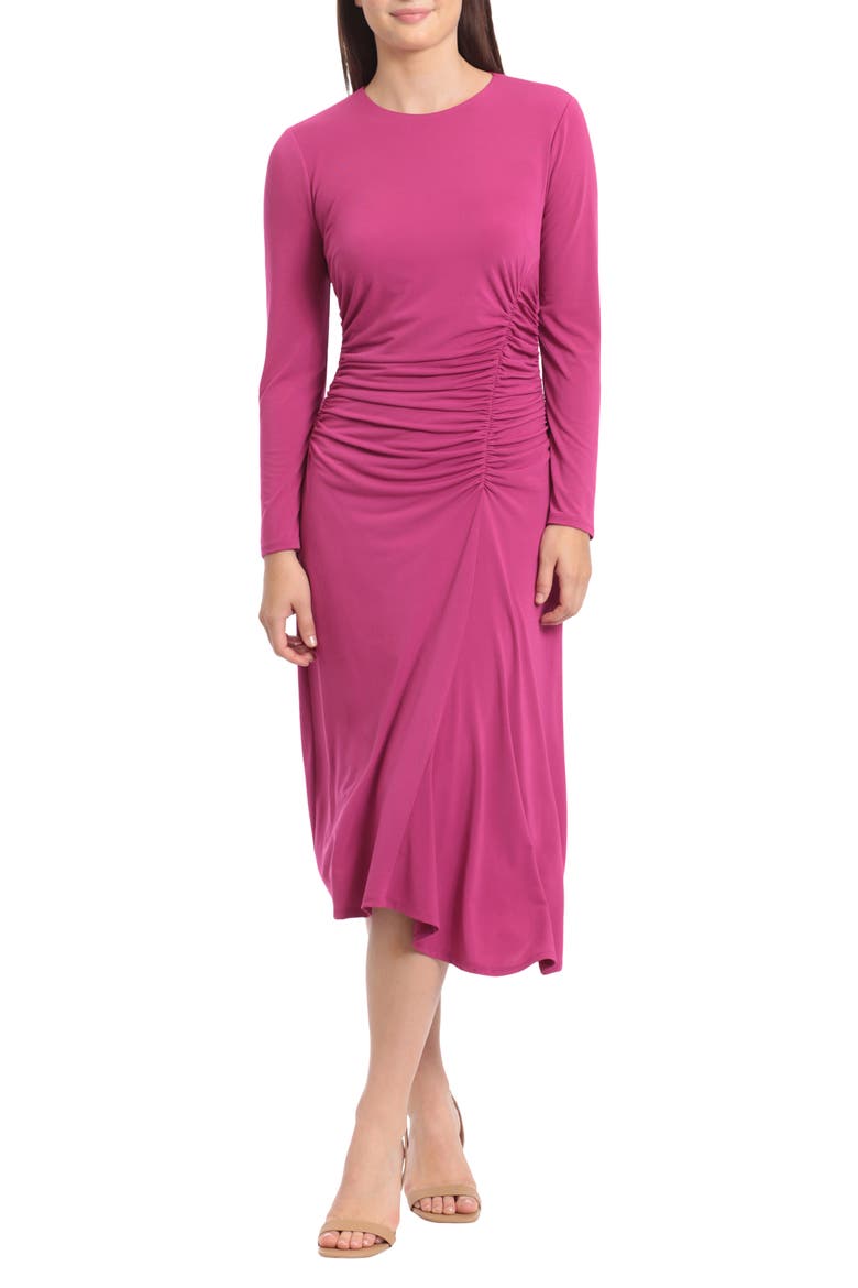 Ruched Long Sleeve Midi Dress, Main, color, FESTIVAL FUCHSIA