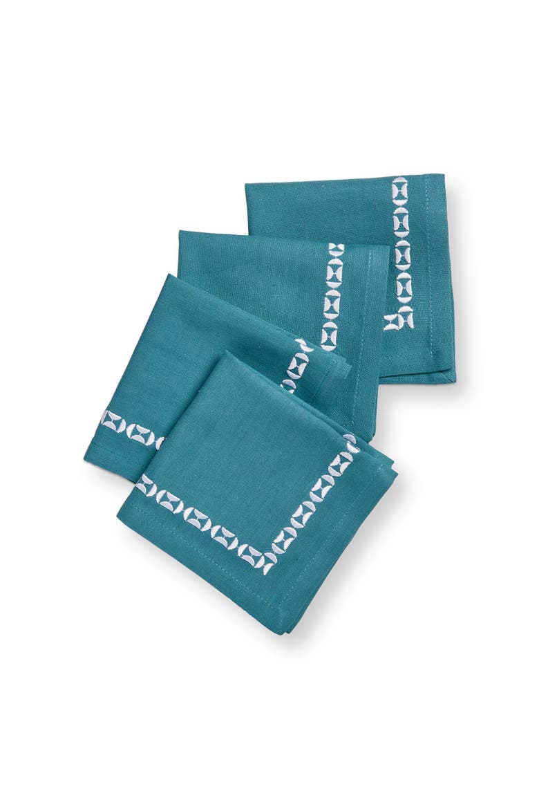 Teal Embroidered Cotton Cocktail Napkins Set of 4 10x10 in, Main, color, Blue