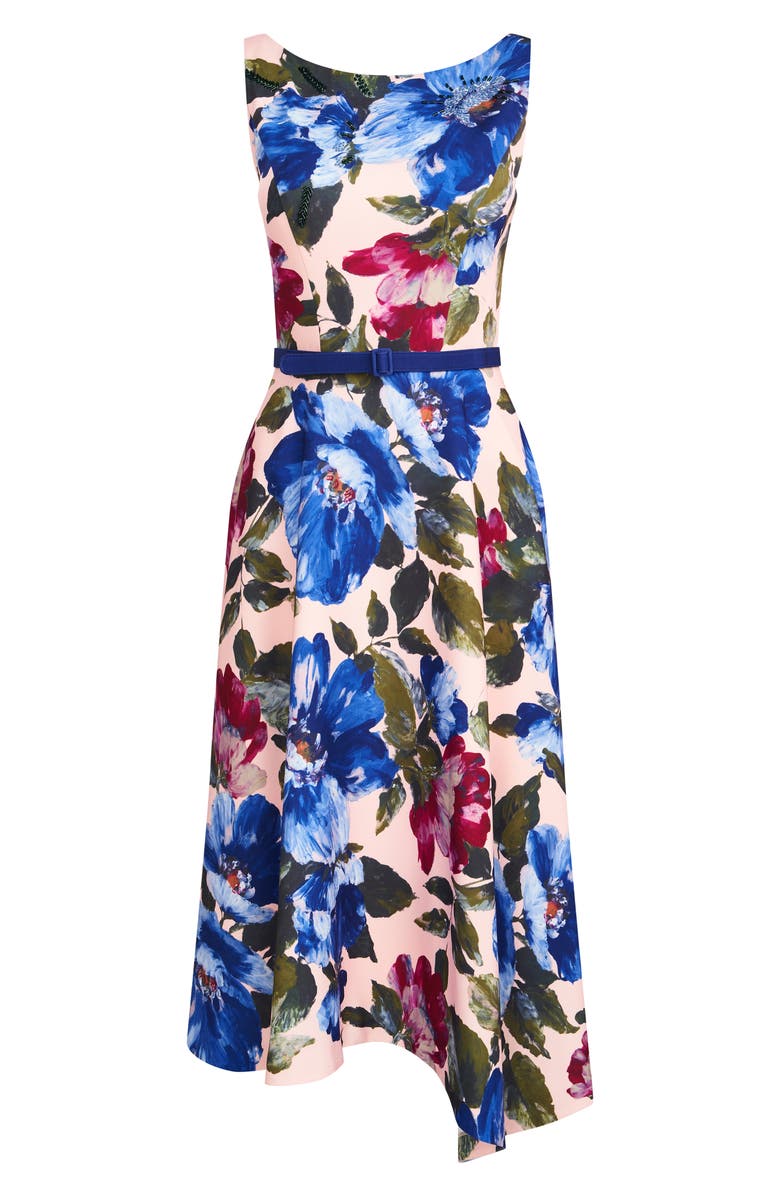Kay Unger Goldie Floral Belted Midi Dress, Alternate, color, Spring Blue