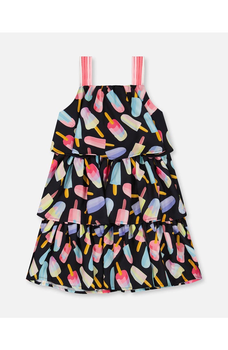 Deux par Deux Little Girl's Printed Tiered Dress Ice Lollipops And Black, Alternate, color, Ice Lollipops And Black