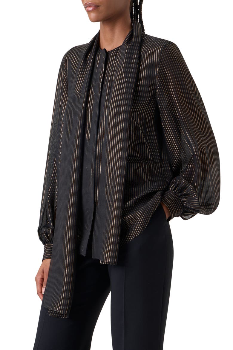Metallic Stripe Silk Georgette Scarf Button-Up Shirt, Alternate, color, BLACK-GOLD
