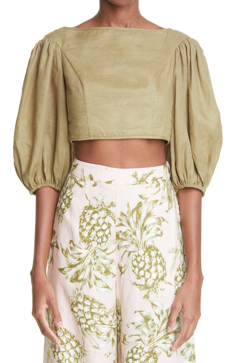 Empire Puff Sleeve Linen Crop Top, Main, color, KHAKI