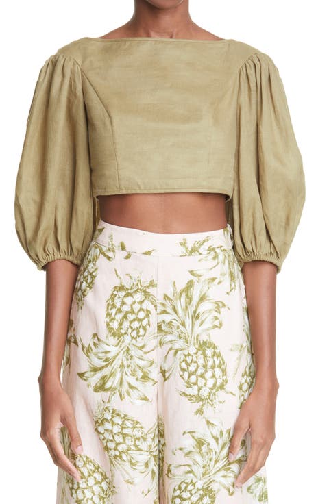 Empire Puff Sleeve Linen Crop Top