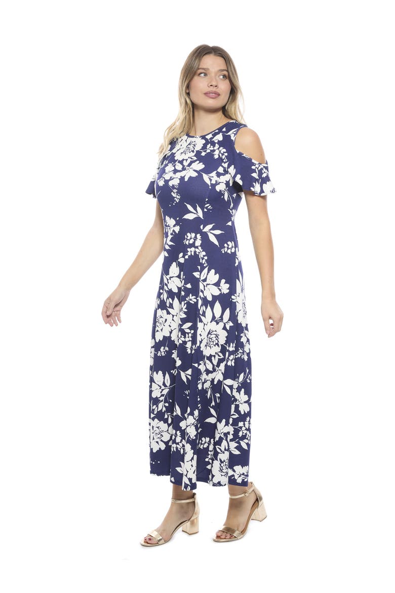 Womens Floral Ruffle Sleeve Cold Shoulder A-Line Maxi Dress, Alternate, color, Navy Multi
