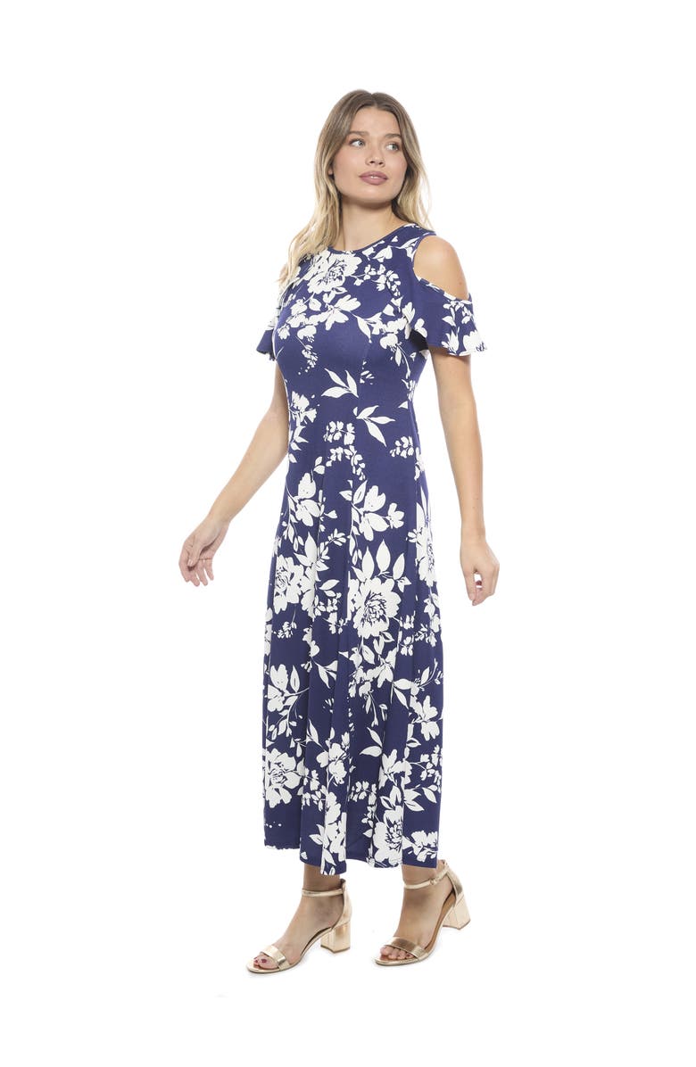 24seven Comfort Apparel Womens Floral Ruffle Sleeve Cold Shoulder A-Line Maxi Dress, Alternate, color, Navy Multi
