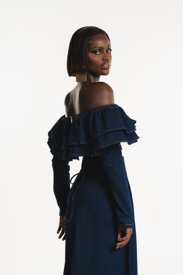 Denim Dija Ruffle Crop Top, Alternate, color, Blue