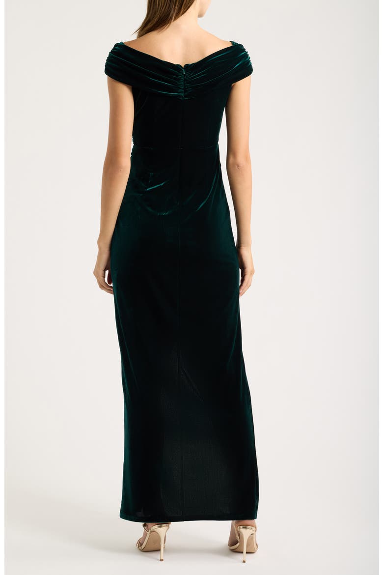 Draped Off the Shoulder Velvet Sheath Gown, Alternate, color, HUNTER