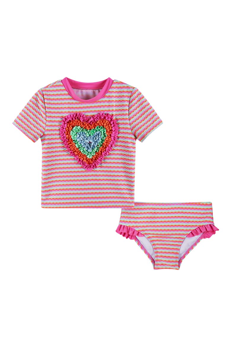 Kids' Stripe Ruffle Short Sleeve Two-Piece Rashguard Swimsuit, Main, color, PINK DOT STRIPE