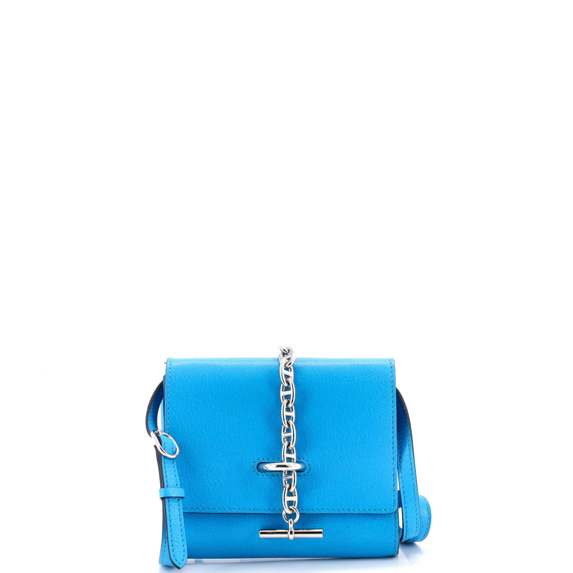 Pre-Owned Hermes Chaine d'Ancre Compact Wallet on Strap Chevre Mysore, Main, color, Bleu Zanzibar