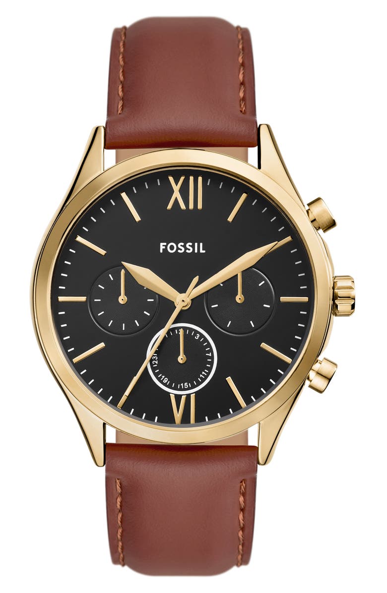 Fossil Fenmore Multifunction Leather Strap Watch, 44mm, Main, color,
