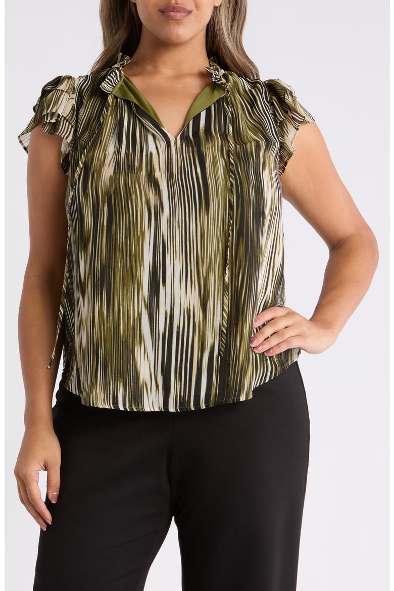 Printed Pleated Cap Sleeve Top, Main, color, BAY LEAF / ANNE BLACK