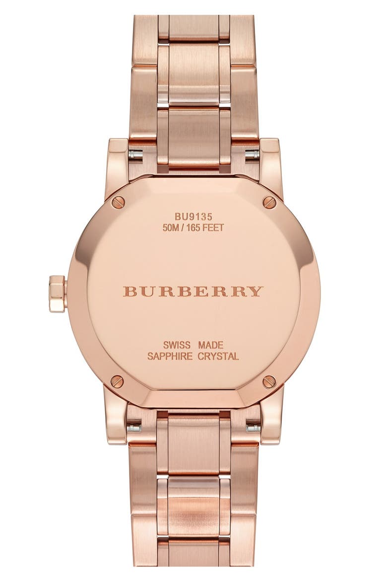 Check Stamped Round Bracelet Watch, 34mm, Alternate, color, ROSE GOLD